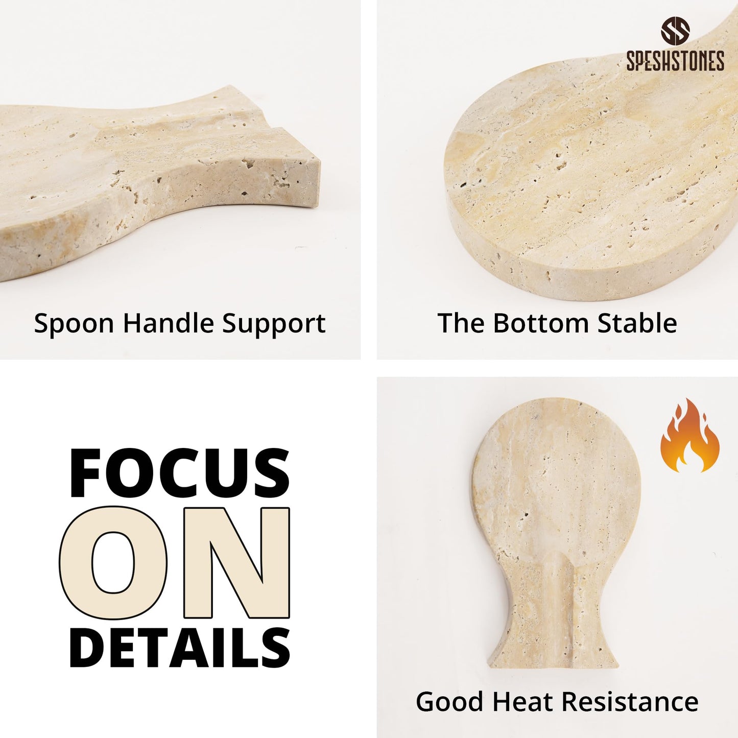SPESHSTONES Marble Spoon Rest 8'' Inches Travertine Marble Spatula Fork Ladle Handmade Utensil Rest Keeper - Cooking Spoon Organizer - Stove Top Chef Kitchen Tool Spoon Holder