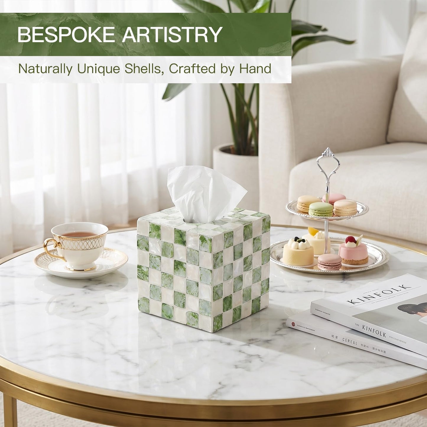 Coeusy Capiz Tissue Box Cover, Square Decorative Tissue Holder with Bottom Slider, Handmade Checkered Cube Tissue Box Cover for Bathroom Vanity,Office or Bedroom,Green