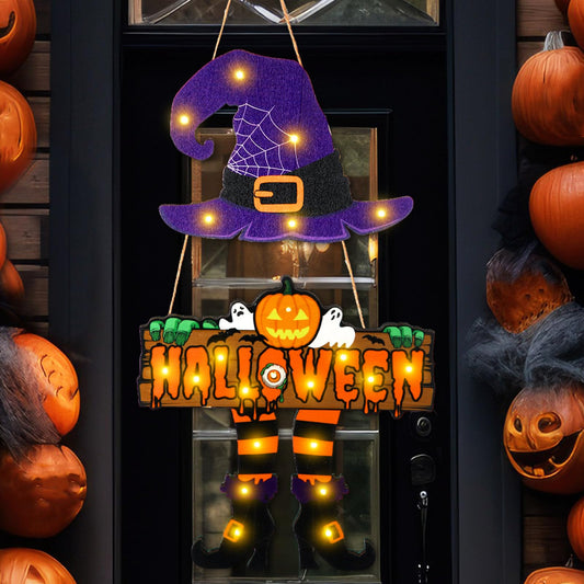 Briwooody Led Halloween Witch Door Sign Light Up Halloween Door Hanger Wooden Halloween Wreath Decorations with Witch Hat and Legs for Front Door Wall Porch Decor(Purple, Witch Style)