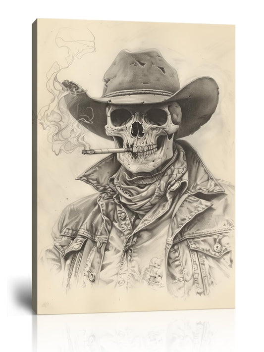 Vintage Skull Cowboy Canvas Wall Art Western Art Modern Skeleton Head Retro Southwestern Minimalist Prints Posters for Living Room Bedroom Decor Framed Ready to Hang(12"L x 16"W)