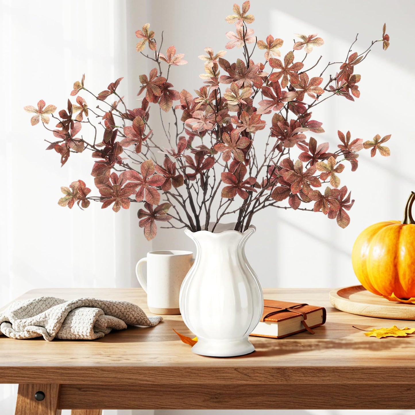 Suncalla 4 Pcs 30 Inch Fall Leaves Stems for Vase Artificial Rusty Quince Leaf Faux Branch Floral Pick Fake Twig Plants with Long Stem for Home Table Centerpiece Harvest DIY Decor