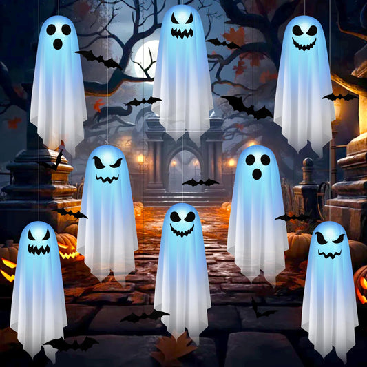 Renbuzhu 8Pcs Halloween Ghost Decorations Light up Hanging Paper Lanterns - Summerween Tree Spooky Decor for Outdoor Home Garden Patio Indoor(No Battery)