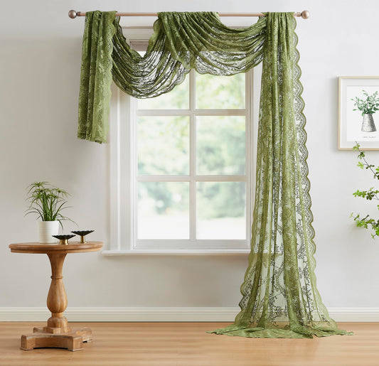 NOIR GOTHIC DECOR Green Sage Window Scarf 216 Inches Long. Lace Window Scarf for Goth Decor or Victorian Decor. Use Gothic Scarves as Bed Canopy Curtains or Green Lace Fabric. LE Sage 216