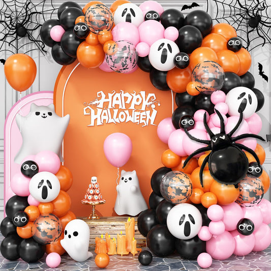 Halloween Balloons Arch Pink Black Orange Balloons Garland with Spider Foil Black Orange Pink Latex Balloon Bat Ghost Eyes Balloon for Party Haunted House Birthday Decorations