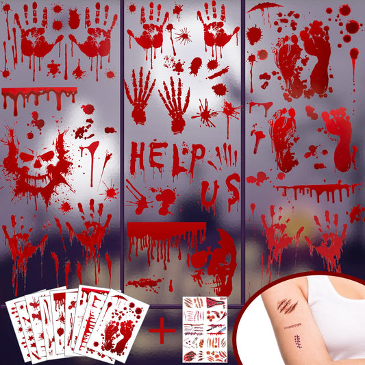 Llewyn Halloween Decorations Window Clings - 9 Sheets 90 Pcs Bloody Handprint Footprints Stickers with 10 Pcs Tattoo Stickers, Double Sided Static Wall Floor Decals for Horror Bathroom Zombie Party