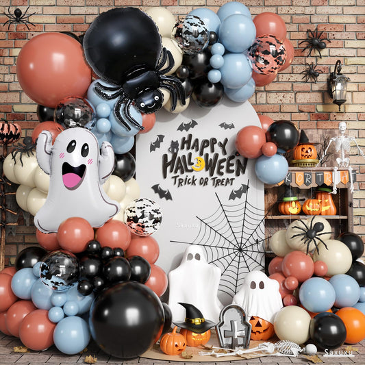 Halloween Balloons Arch Kit, 2025 Halloween Balloon Black Burnt Orange Dusty Blue Latex Balloons Garland with Ghost, Spider, Bat Printed Foil Balloon for Ghost Party Decorations