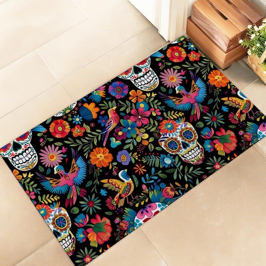 amepay Day of The Dead Sugar Skull Indoor Door Mat – Stylish 17x29.5in Non-Woven Fabric Floor Doormat with Floral Skull Design, for Porch Insider,Bedroom,Living Room – Halloween Decor Rug Gifts