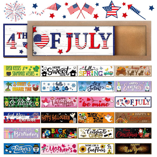 Barydat 25 Pcs 4th of july decorations Interchangeable Seasonal Decor with a Wood Frame Seasonal Wooden Welcome Sign Holiday Table Decor for Independence Day Halloween Christmas Decoration