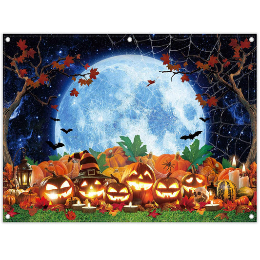 YCUCUEI 8x6ft Halloween Photography Backdrop Pumpkin Patch Starry Sky Moon Night Background Truck or Treat Party Decorations Kids Holiday Photo Banner