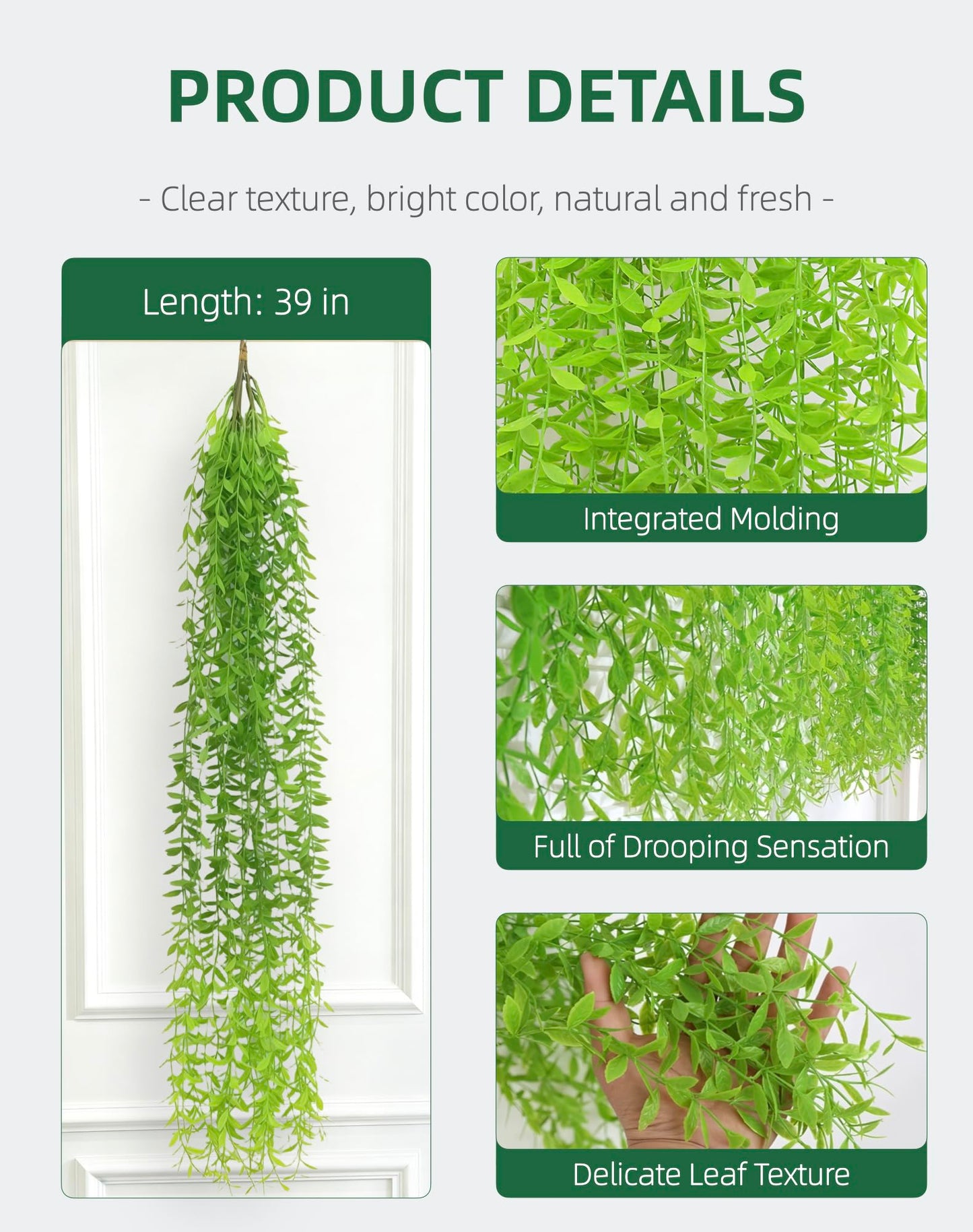Awsyhom 5 Pack Artificial Hanging Willow Vine (3.3ft) - Fake Greenery Plants for Indoor/Outdoor Decor, Wedding & Photography - Green Tail Design (No Basket Included)
