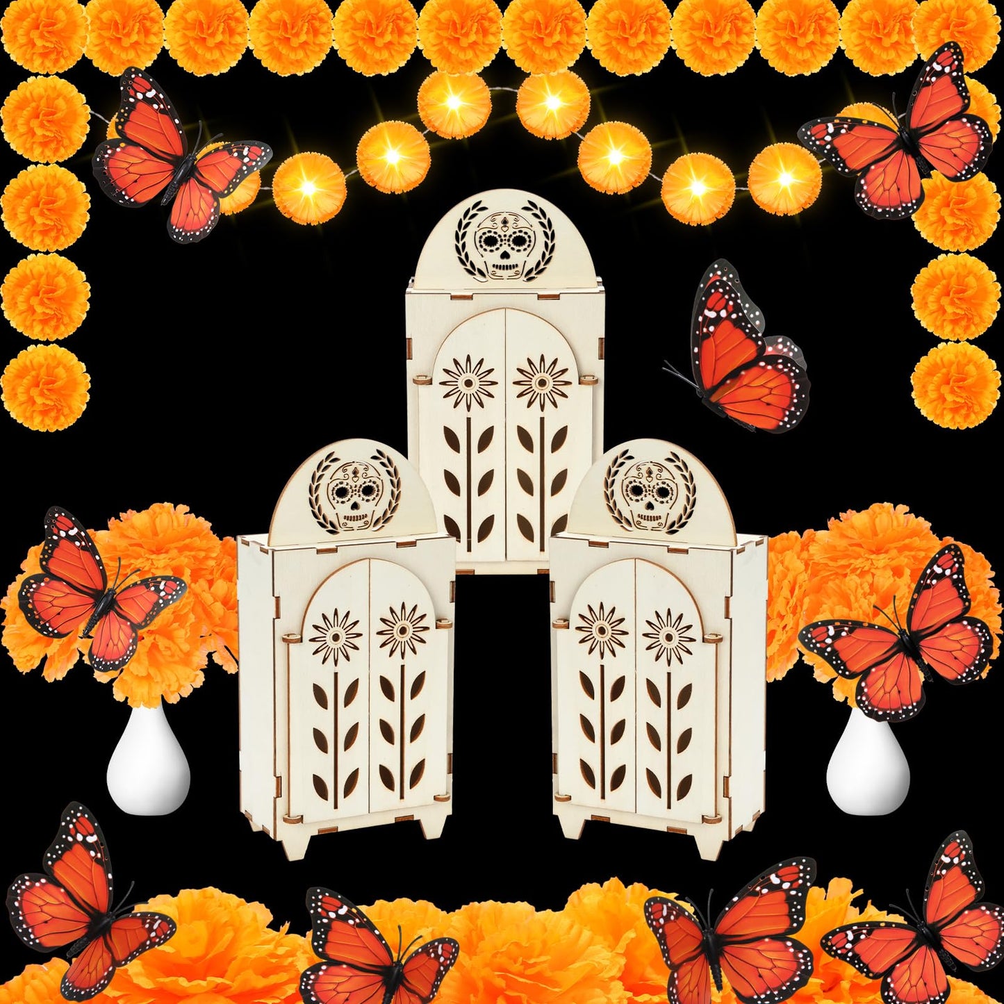 Jetec 30 Pcs Dia De Los Muertos Decoration Set Include Day of the Dead Altar Ofrenda Artificial Marigold Flowers 4.92 Feet Diwali Marigold Garland Light and Monarch Butterfly Decor(Papel Picado)