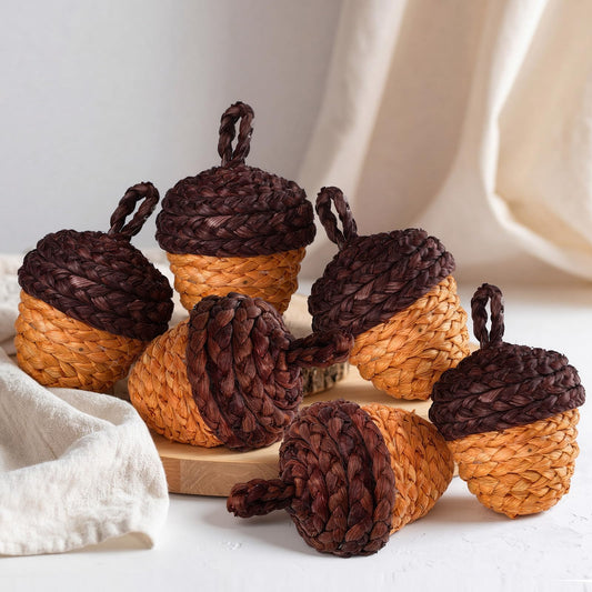 Fuutreo 6 Pcs Fall Rattan Acorn Decor 4 Inch Woven Wicker Corn Husk Artificial Acorn Thanksgiving Table Centerpiece Fall Party Decoration for Rustic Farmhouse Bowl Filler Halloween Autumn Harvest Home