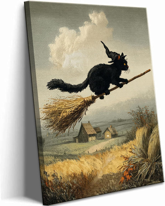 Halloween Black Cat Canvas Wall Art Vintage Witch Cat Broom Wall Decor Picture Rustic Landscape Posters Prints for Halloween Party House Decoration 12x16in