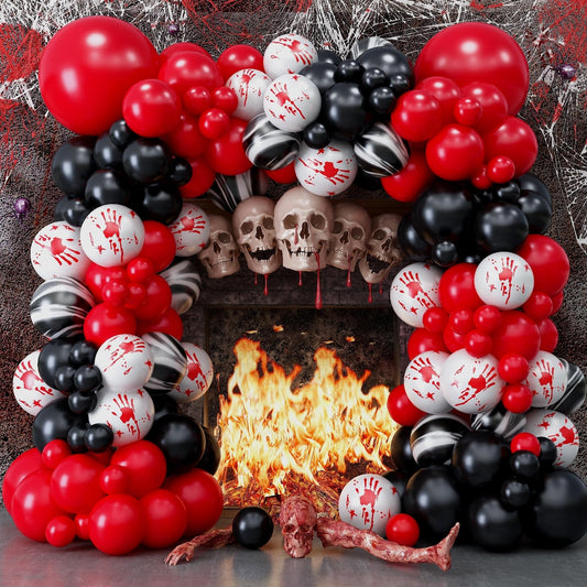 Halloween Balloons Garland Arch Kit, 125 PC Red Black Scary Balloons with Marble Bloody Hand Prints, Horror Decorations for Scream Creepy Gothic Halloween