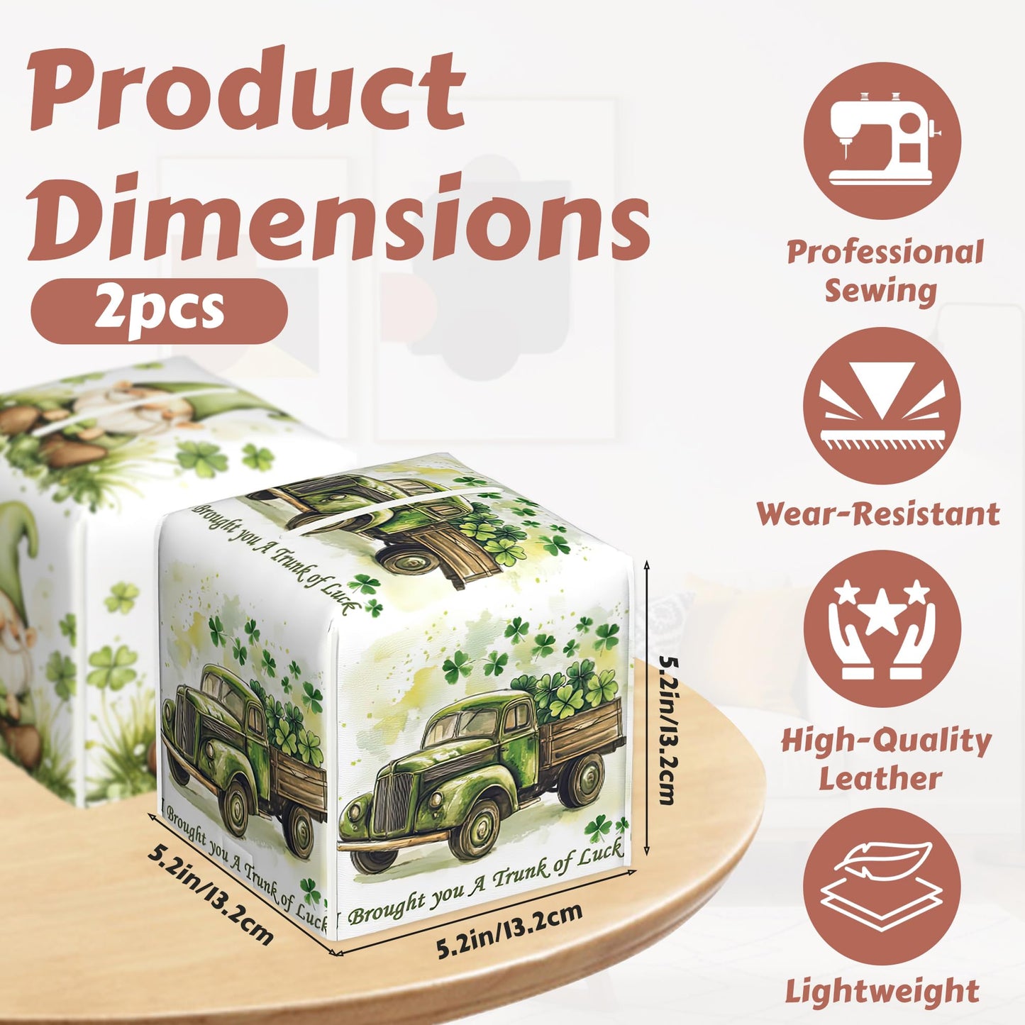St. Patrick's Day Tissue Box Holder,Four Leaf Clover Leather Tissue Box Cover Square, Paper Facial Decorative Tissues Cover for Bathroom Home Car Nightstand Vanity Desk, 2 Pcs