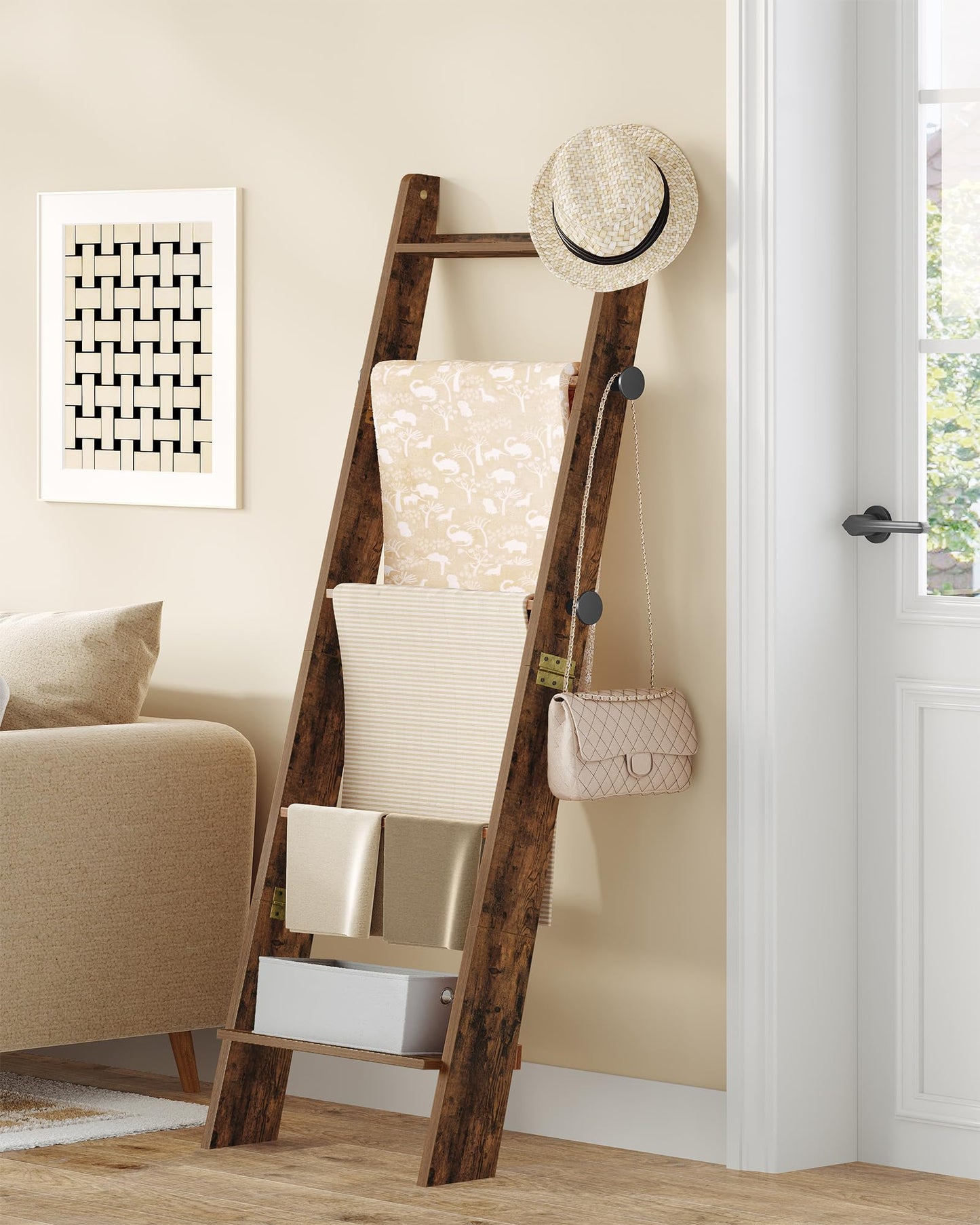 Hzuaneri Blanket Ladder for Living Room, Decorative Quilt Rack with 4 Removable Hooks, 5-Tier Blanket Ladder Shelf for Bedroom,Rustic Brown BR30501X