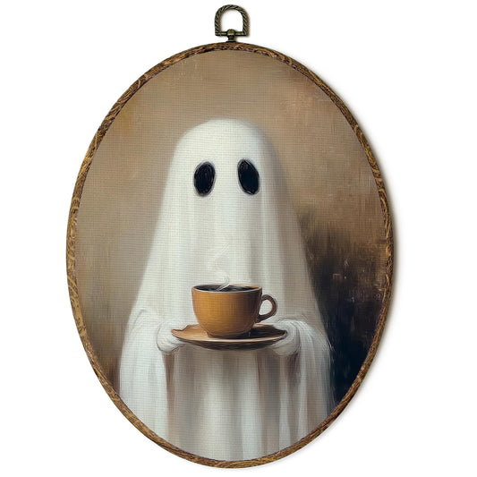 OINDADE Halloween Ghost Coffee Oval Wall Art Decor, Fall Spooky Coffee Ghost Wall Art Hanging Decor, Halloween Fall CoffeeLovers Framed Canvas Artwork for Kitchen Living Room Home, 8.8x11.5in