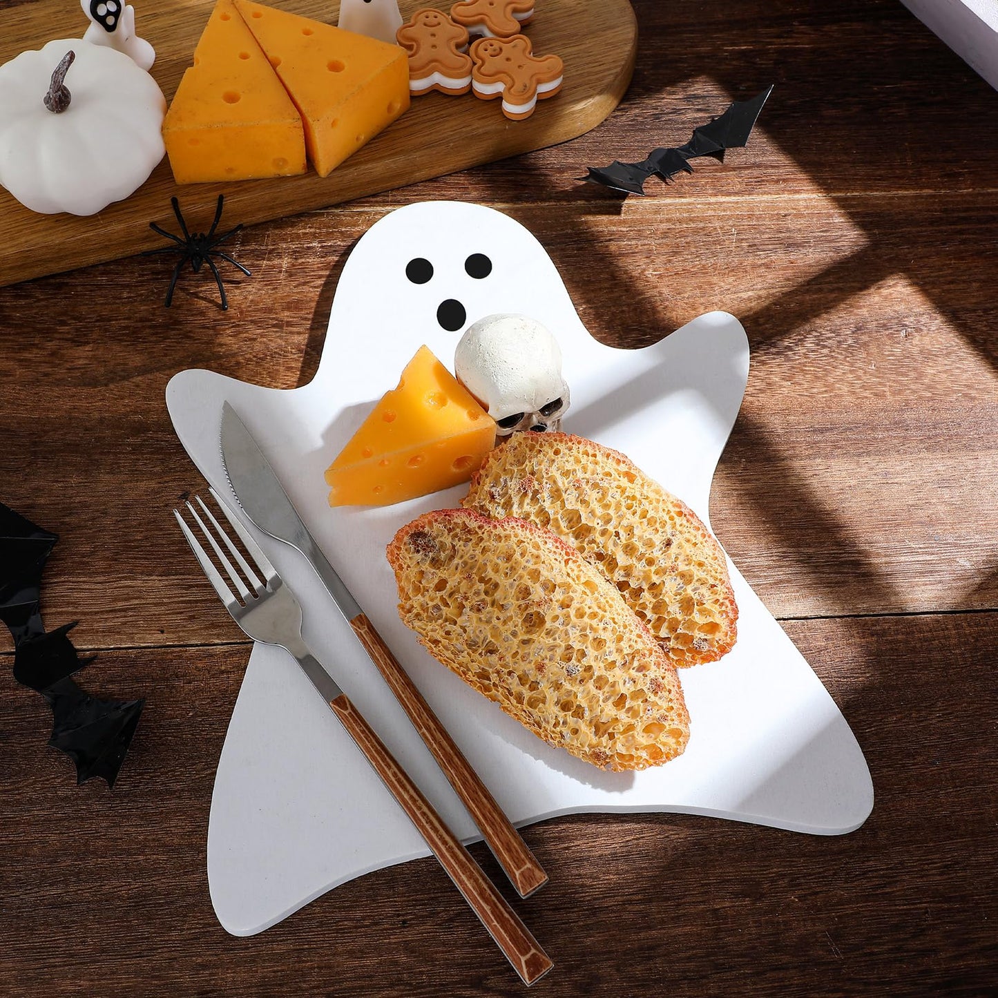 Reallnaive Halloween Ghost Marble Cheese Board, 11.8 x 9.8 Inch White Marble Charcuterie Board Decorative Serving Tray for Halloween Cheese, Appetizers, Kitchen and Holiday