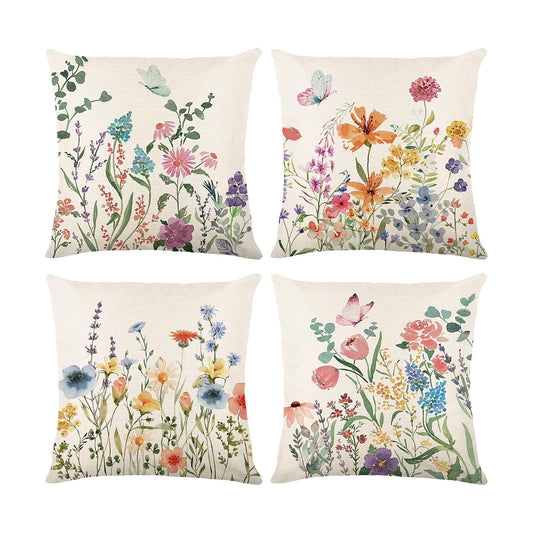 ONFAON Spring Summer Pillow Covers 20x20 Set of 4,Floral Seasonal Summer Outdoor Decoration Pillowcase Linen Cushion Cover for Couch Sofa