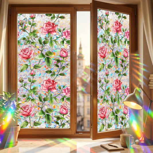 Rose Window Stained Glass Film, Privacy Window Cling for Bathroom Glass Door, Colorful Rainbow Decorative Vinyl Film, 17 x 39.4 in