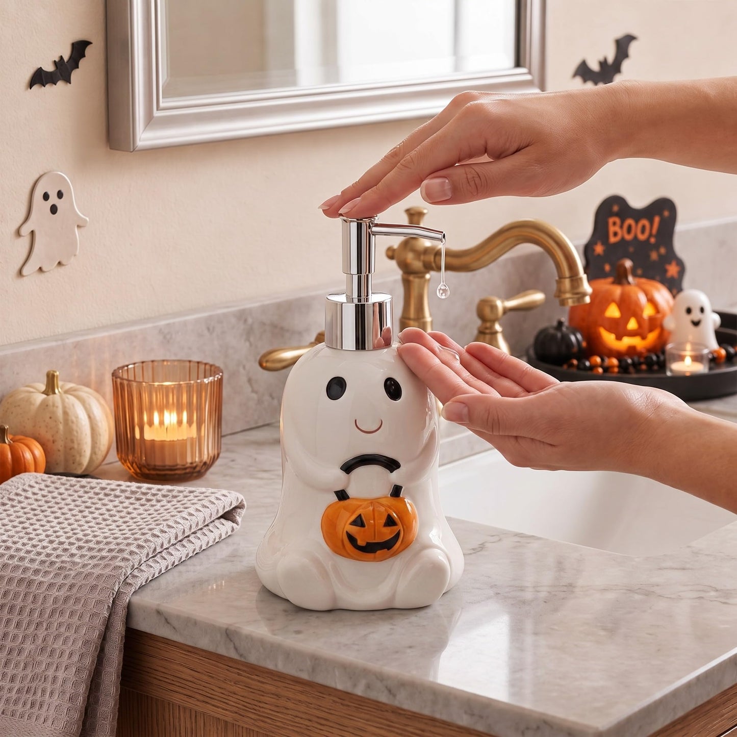 Potchen Halloween Soap Dispenser Ghost and Pumpkin Liquid Pump Ceramic Bath Accessories Bathroom Decor Holiday Collection Shaped Festive Touch for Countertop