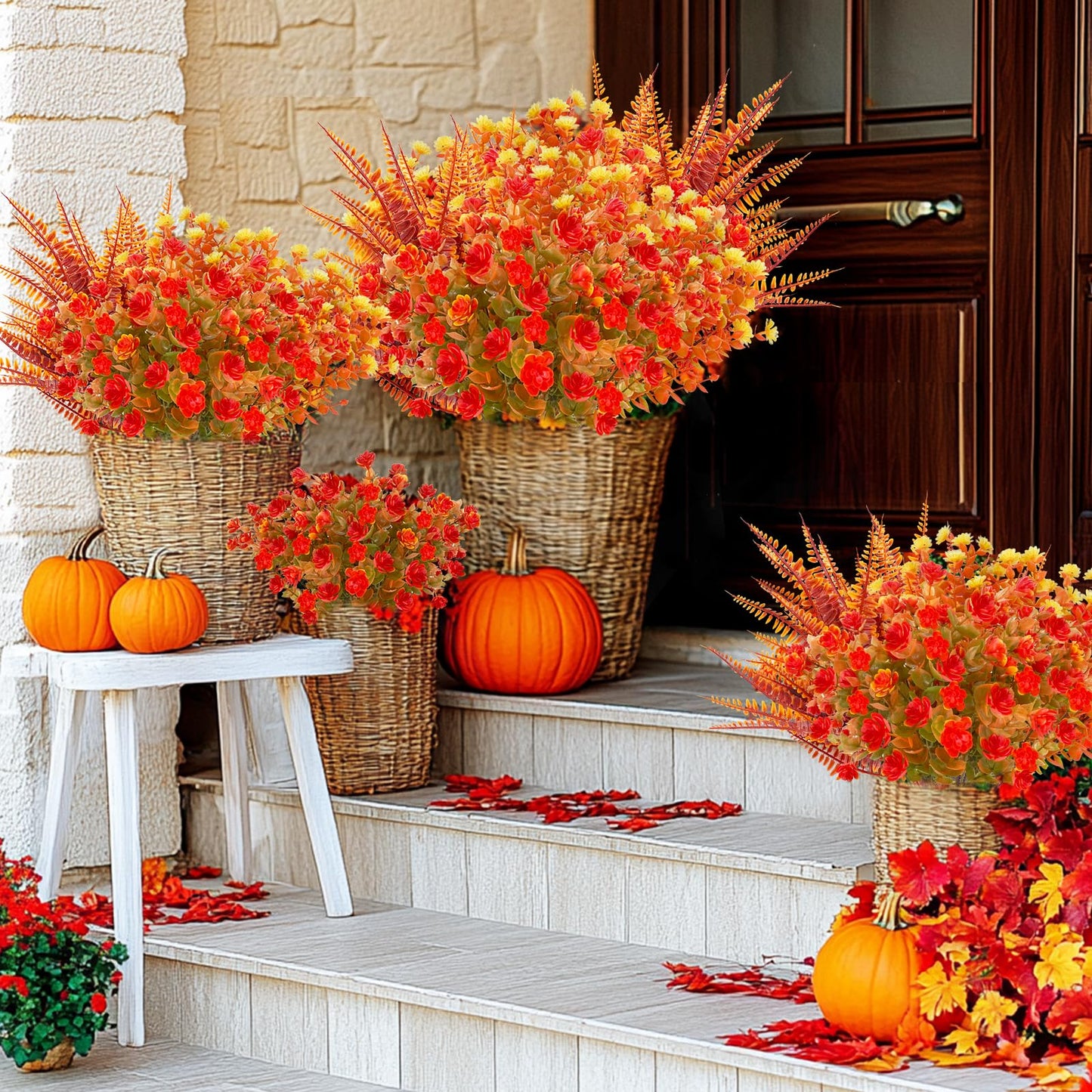 TURNMEON 12 Bundles Artificial Fall Flowers for Outdoors Fall Decorations, UV Resistant Fake Mums Faux Fall Plants Plastic Orange Boston Fern Eucalyptus Home Garden Porch Autumn Thanksgiving Decor