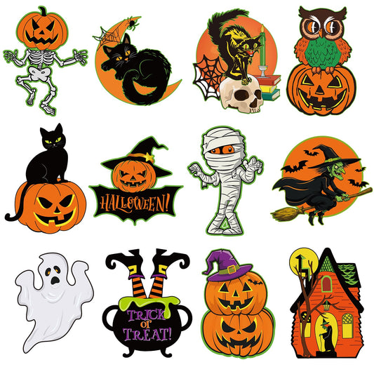 Large Vintage Halloween Decorations Cardboard Cutout Set of 12, Retro Spooky Ghost Cutouts Wall Decor Indoor Outdoor, Vintage Orange Green Black Paper Cut Outs Party Decoration (Large, Halloween)