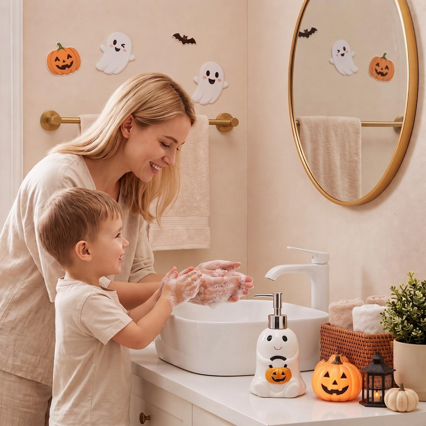 Potchen Halloween Soap Dispenser Ghost and Pumpkin Liquid Pump Ceramic Bath Accessories Bathroom Decor Holiday Collection Shaped Festive Touch for Countertop