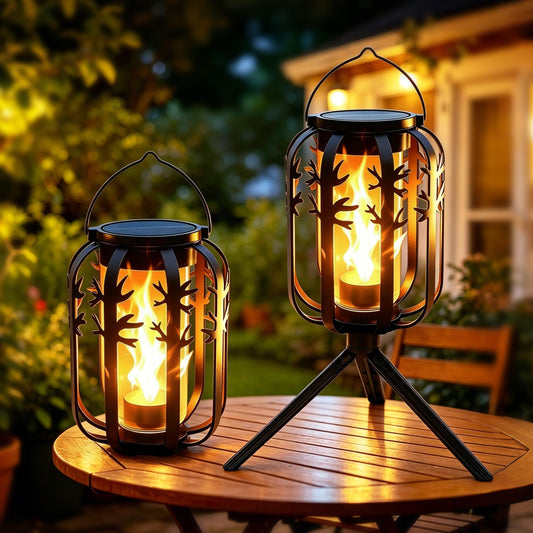 Ollny 2 Pack Solar Lanterns Outdoor Waterproof, Upgraded Flickering Flame Solar Lights Outdoor, Dual Charging (USB/Solar), 4 Modes Hanging Solar Lantern for Yard Patio Path Tree Garden Decor