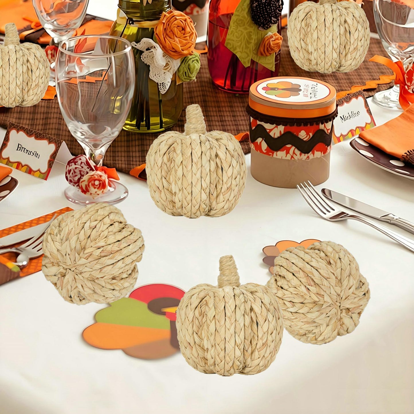 naturevibe 4.3 Inch Braided Cornhusk Pumpkin Decor Set of 6 Fall Home Decor