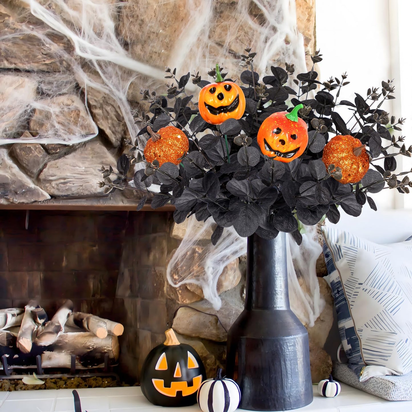 Yen Jean 12PCS Black Halloween Pumpkin Decorations Indoor Artificial Fake Flowers: Eucalyptus Branches Stems Table Centerpieces Decor