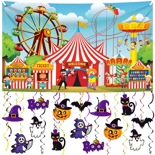 Halloween Hanging Decorations - Large, Pack of 28 and XtraLarge Carnival Backdrop - 72x44 Inch | Spooky Halloween Hanging Swirls, Halloween Party Decorations | Scary Halloween Carnival Decorations
