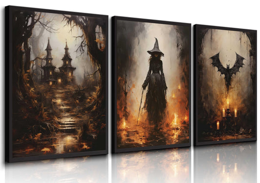 3Pcs Halloween Wall Art Horror Pumpkin and Witch Party Canvas Paintings Vintage Gothic Wall Decor Spooky Castle Prints Flying Bat Moon Night Posters Pictures for All Saints' Day Party Home Unframed