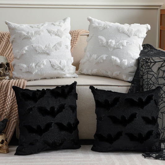 Geyoga Set of 4 Halloween Bat Pillow Covers 18x18 Inch Black White Bat Throw Pillow Cases Soft Plush Faux Fur Couch Cushion Case for Chair Sofa Bedroom Living Room Home