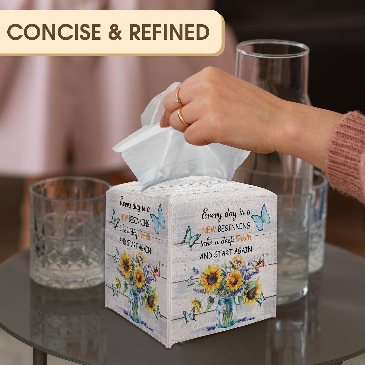 Floral and Butterflies Tissue Box Cover Holder, Tissue Box Cover Holder with Belt Bottom, New Beginnings Gift for Family Friends, Home Bathroom Table Decor-(5.2 Inches) A18