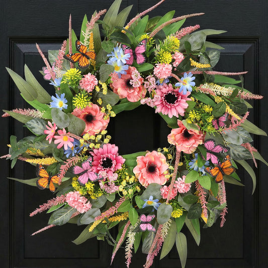 Wreaths for Front Door 26 Inch Spring Summer Wreath with Eucalyptus Leaves Pink Blooms Butterfly,for Year-Round Use Indoors and Outdoors as Wall, Door, Window, Party and Wedding Decorations