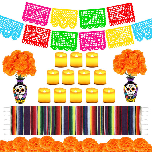 Liliful 44 Pcs Day of the Dead Decorations Set Artificial Marigold Flowers Mexican Party Banners Flameless Votive Candles Dia De Los Muertos Table Runners for Wedding Festival Fiesta Halloween Decor