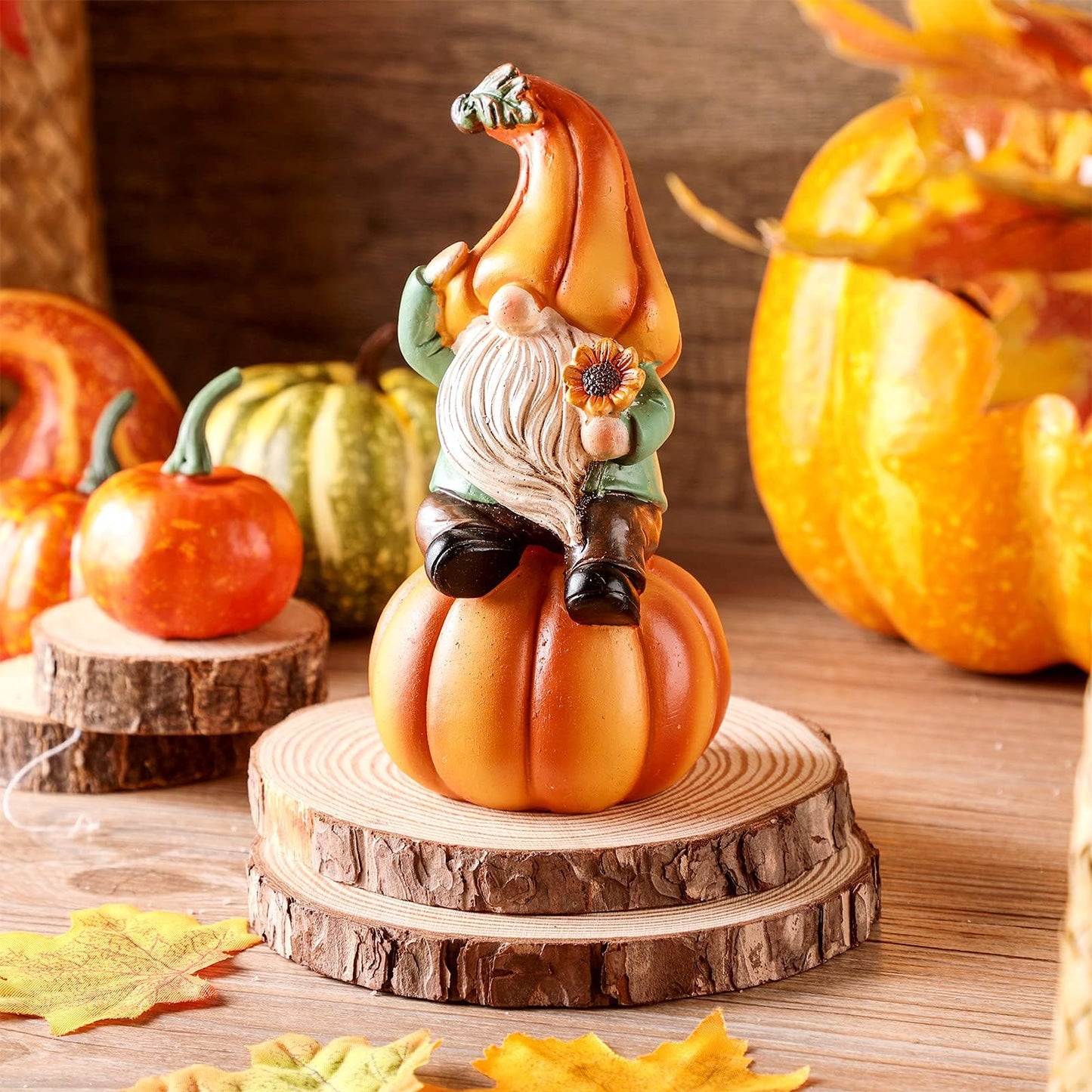Jetec Fall Thanksgiving Gnome Statue Pumpkin Gnome Decoration White Beard Figurine Autumn Resin Dwarf Elf Statue for Porch Garden Outdoor Yard Fall Thanksgiving Decorations, 6.7 Inch Tall(Cute)