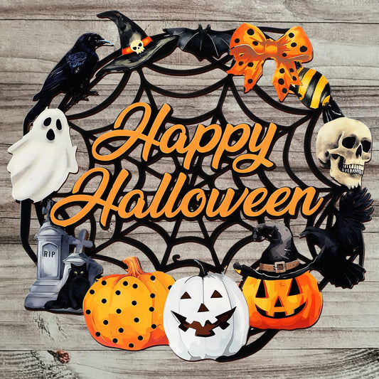 MorningRo Metal Halloween Wreaths for Front Door Ghost Hanging Wreaths Bat Black Pumpkin Hanging Vintage Rustic Halloween Welcome Sign for Porch Wall Home Outdoor, 13 Inch