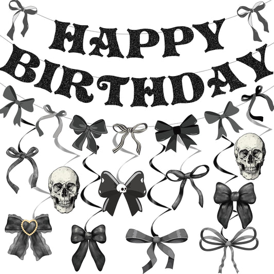 Lovarywow Black Bow Party Decorations - 13PCS Gothic Birthday Decorations, Skull Skeleton Goth Party Supplies for Girls Women, Black Bow Coquete Happy Birthday Banners Hanging Swirls