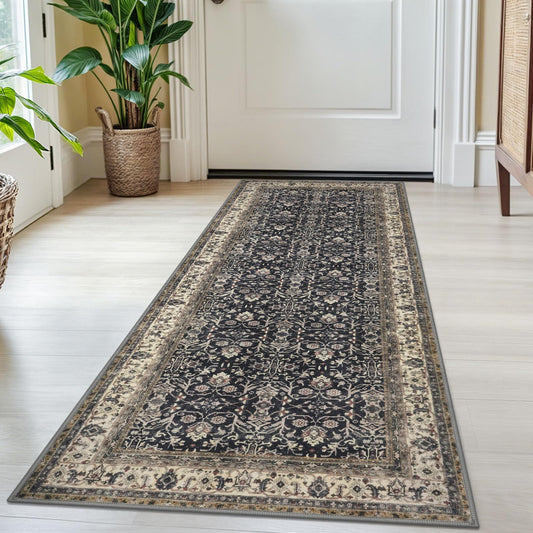 SIILOOM 2x5 Washable Rug Black Small Area Rug for Entryway, Soft Slip-Resistant Indoor Door Mat Tribal Floral Low-Pile Kitchen Rugs, Vintage Tribal Carpet for Entrance Kitchen Bedside