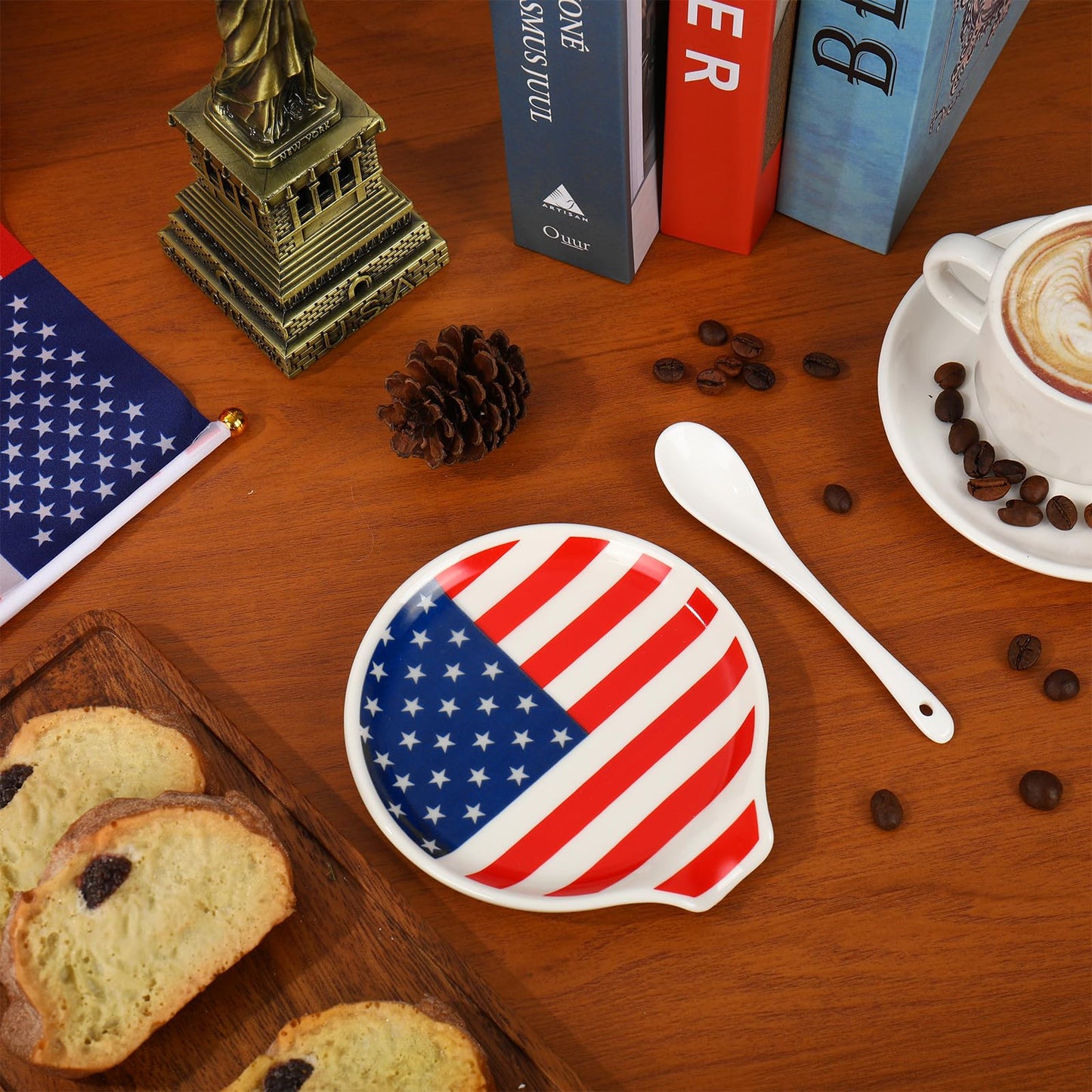 Whaline 4.7inch Patriotic Spoon Rest American Flag Star Stripe Small Coffee Spoon Holder for 250th Anniversary 4th of July Independence Day Coffee Stirrers Teaspoon Bar Coffee Station Accessories