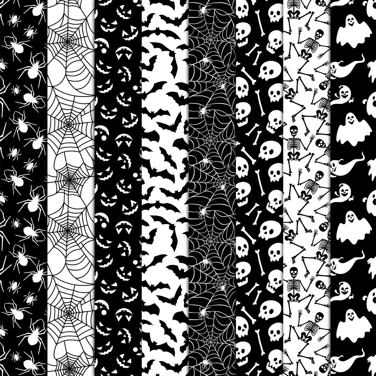 JarThenaAMCS 8Pcs Halloween Cotton Fabric Bundles Ghost Skull Bat Spider Web Fat Quarters Spooky Black White Quilting Patchwork for DIY Sewing Craft Decor, 18 x 22 Inch