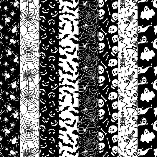 JarThenaAMCS 8Pcs Halloween Cotton Fabric Bundles Ghost Skull Bat Spider Web Fat Quarters Spooky Black White Quilting Patchwork for DIY Sewing Craft Decor, 18 x 22 Inch