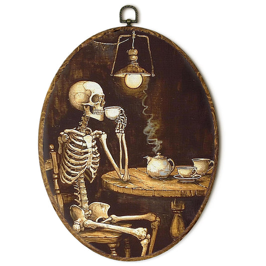EGVQK Vingate Halloween Skeleton Oval Wall Art Decor, Spooky Gothic Skull Framed Canvas Prints Wall Art, Dark Academia Oval Canvas Hanging Decor for Coffee Bar Halloween Decoration Indoor, 8.5x11.5in