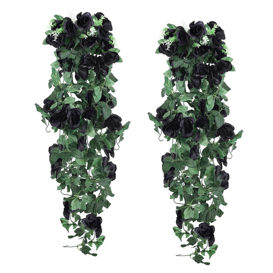 RECUTMS Artificial Black Rose Hanging Flowers Plants, 2 PCS 3.3Ft Fake Floral Halloween Garlands for Home Window Front Porch Garden Wedding Backdrop Wall Hanging Victorian Indoor Outdoor Party Decor
