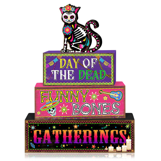 Britimes 4 Pcs Day of the Dead Table Decor Halloween Cat Tiered Tray Decorations Set Funny Bones Stack Block Signs Gift Rustic Farmhouse Tabletop Decor for Table & Home Office