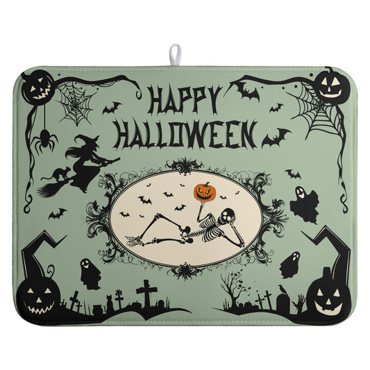 Wnoesat Happy Halloween Dish Drying Mat for Kitchen Counter 18x24 Skull Pumpkin Witch Spider Web Bat Ghost Drying Mats Green Black Absorbent Microfiber Dish Drainer Rack Pad for Coffee Bar