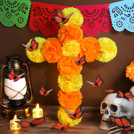 Ofrenda Decorations for Altar 17 x 13 Dia De Los Muertos Decorations Day of the Dead Decoration Marigold Mexican Cross with Artificial Butterflies Wall Decor Sign for Dia De Los Muertos Diwali