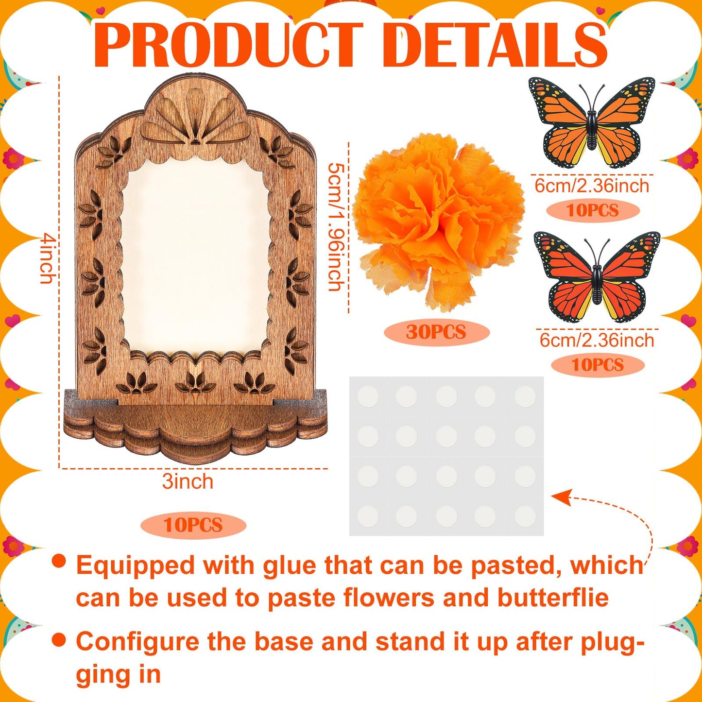 Thyle 60 Pcs Dia De Los Muertos Decorations Picture Frames Kits Day of The Dead Ofrenda Altar with 10 Wooden Photo Frames 30 Artificial Marigold Flower 20 Butterfly for Day of The Dead Decoration